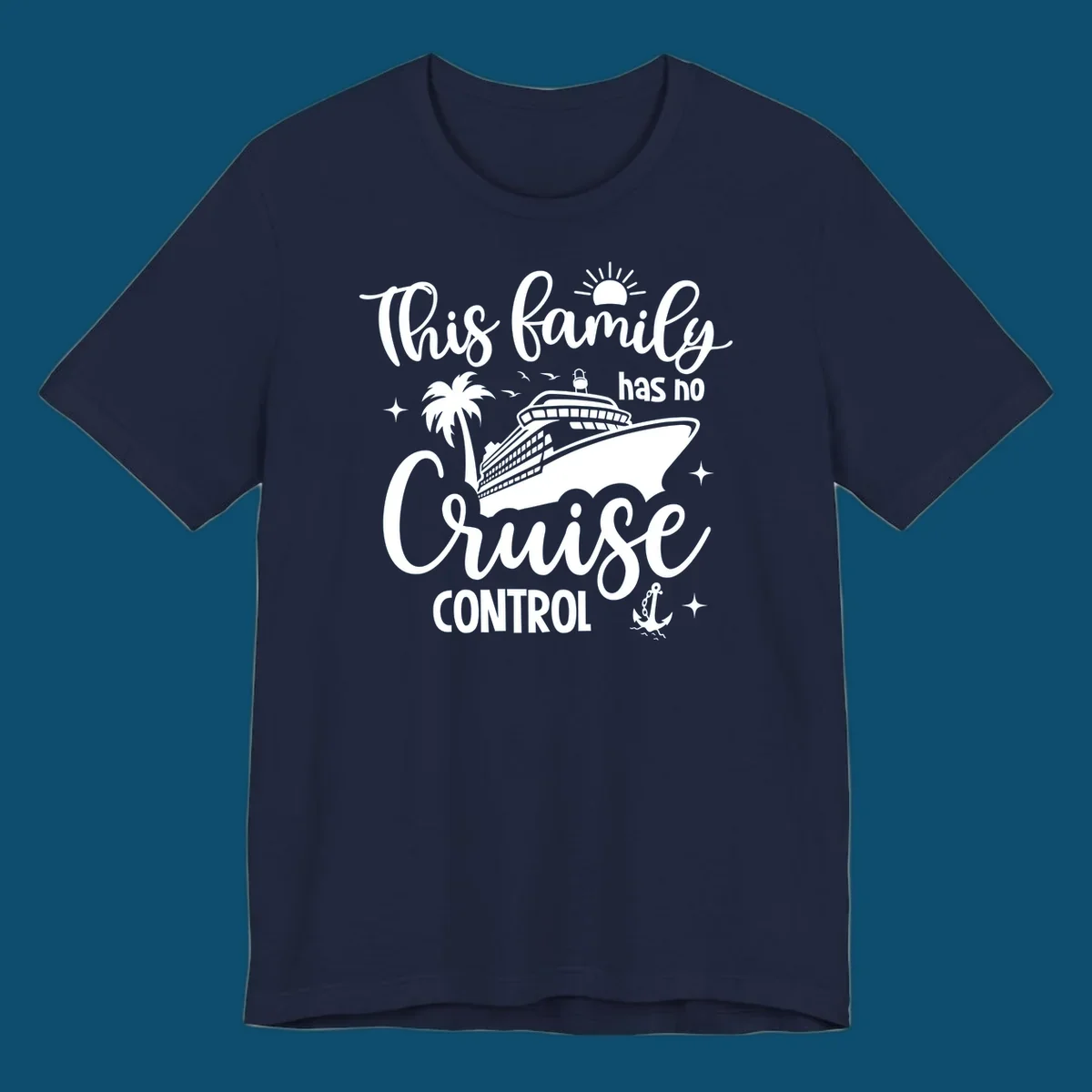 A white graphic features a cruise ship, palm tree, sun, and anchor with the text 'This family has no cruise control'.