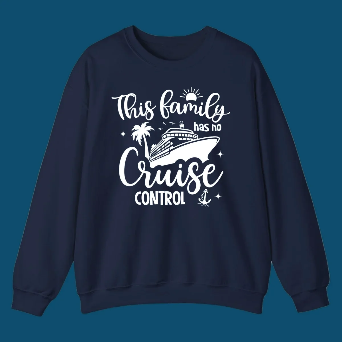 A white graphic features a cruise ship, palm tree, sun, and anchor with the text 'This family has no cruise control'.