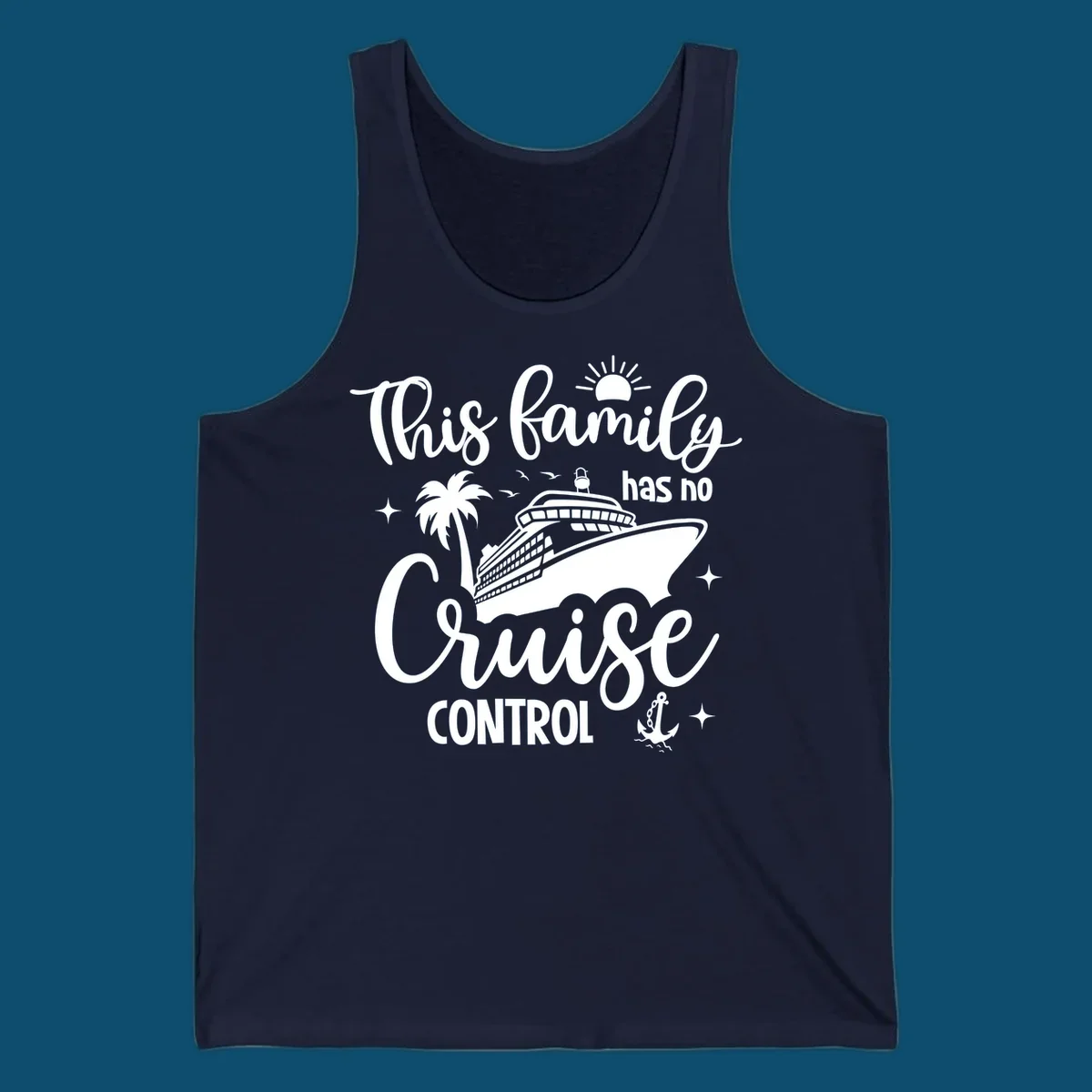 A white graphic features a cruise ship, palm tree, sun, and anchor with the text 'This family has no cruise control'.