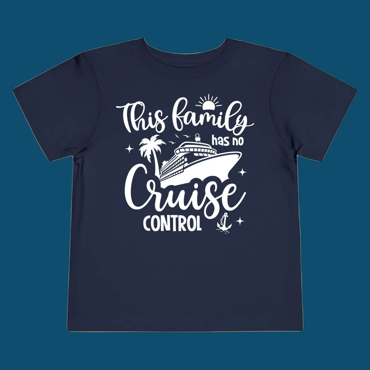 A white graphic features a cruise ship, palm tree, sun, and anchor with the text 'This family has no cruise control'.