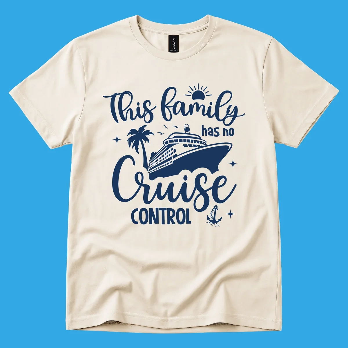 A white graphic features a cruise ship, palm tree, sun, and anchor with the text 'This family has no cruise control'.