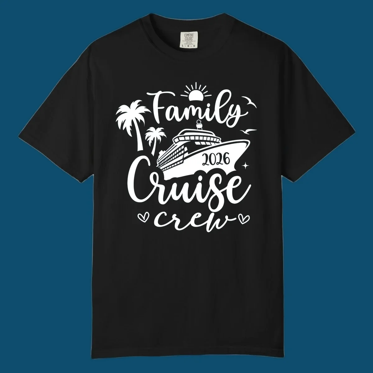 A white (or navy) graphic for a family cruise crew 2026 featuring a cruise ship, palm trees, sun, seagulls, and text.