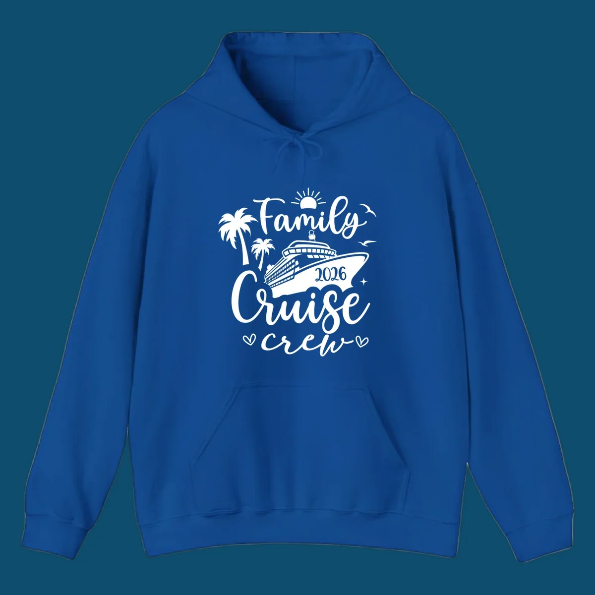 A white (or navy) graphic for a family cruise crew 2026 featuring a cruise ship, palm trees, sun, seagulls, and text.