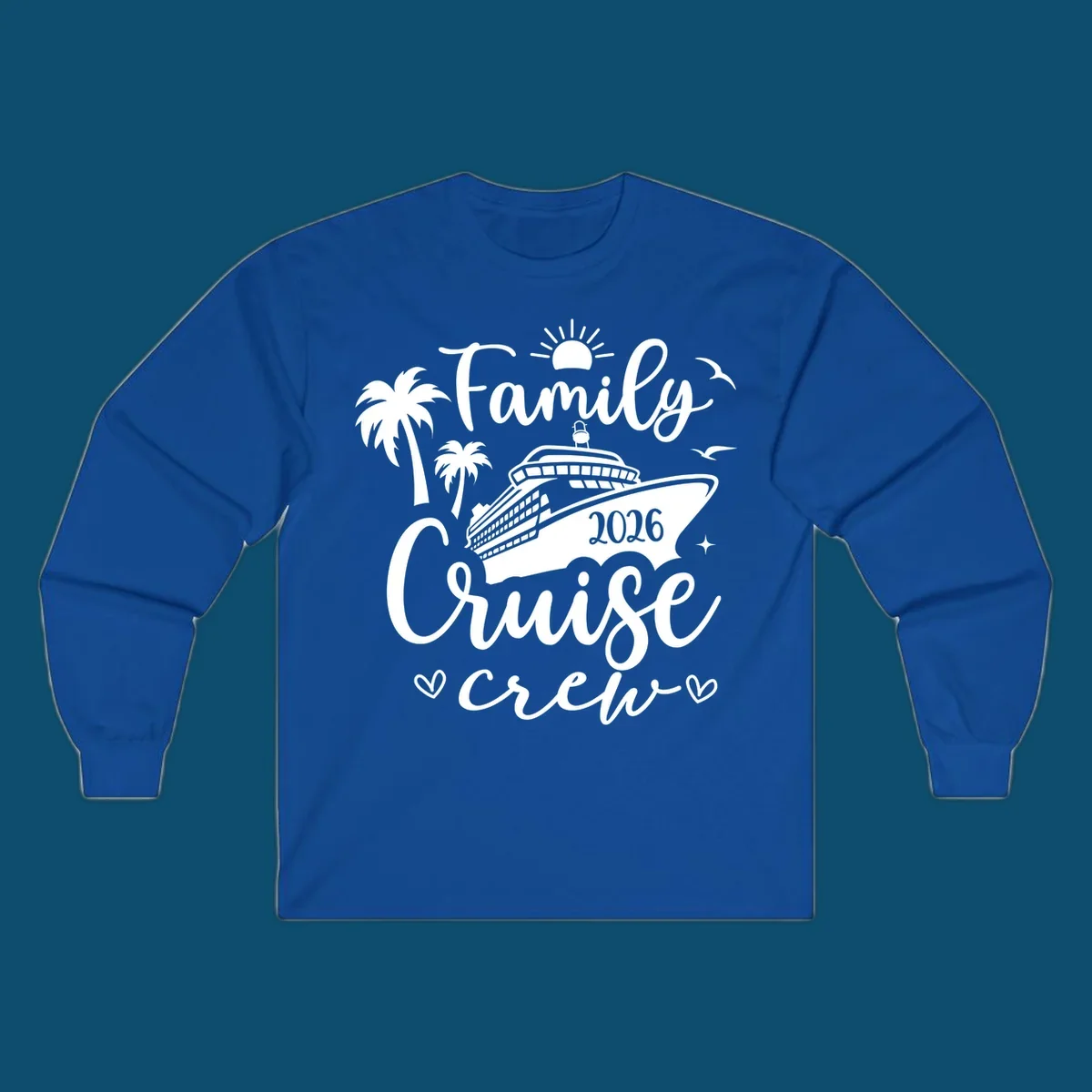 A white (or navy) graphic for a family cruise crew 2026 featuring a cruise ship, palm trees, sun, seagulls, and text.