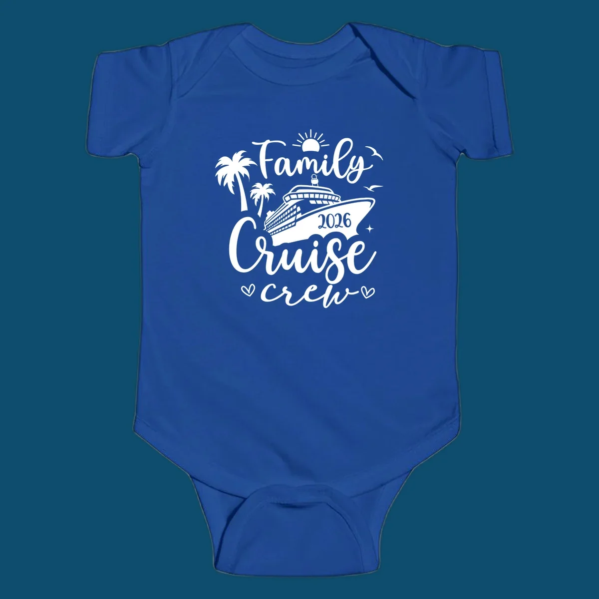 A white (or navy) graphic for a family cruise crew 2026 featuring a cruise ship, palm trees, sun, seagulls, and text.