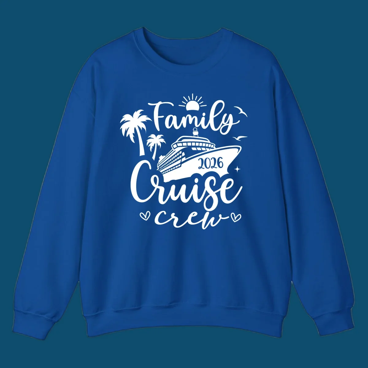 A white (or navy) graphic for a family cruise crew 2026 featuring a cruise ship, palm trees, sun, seagulls, and text.