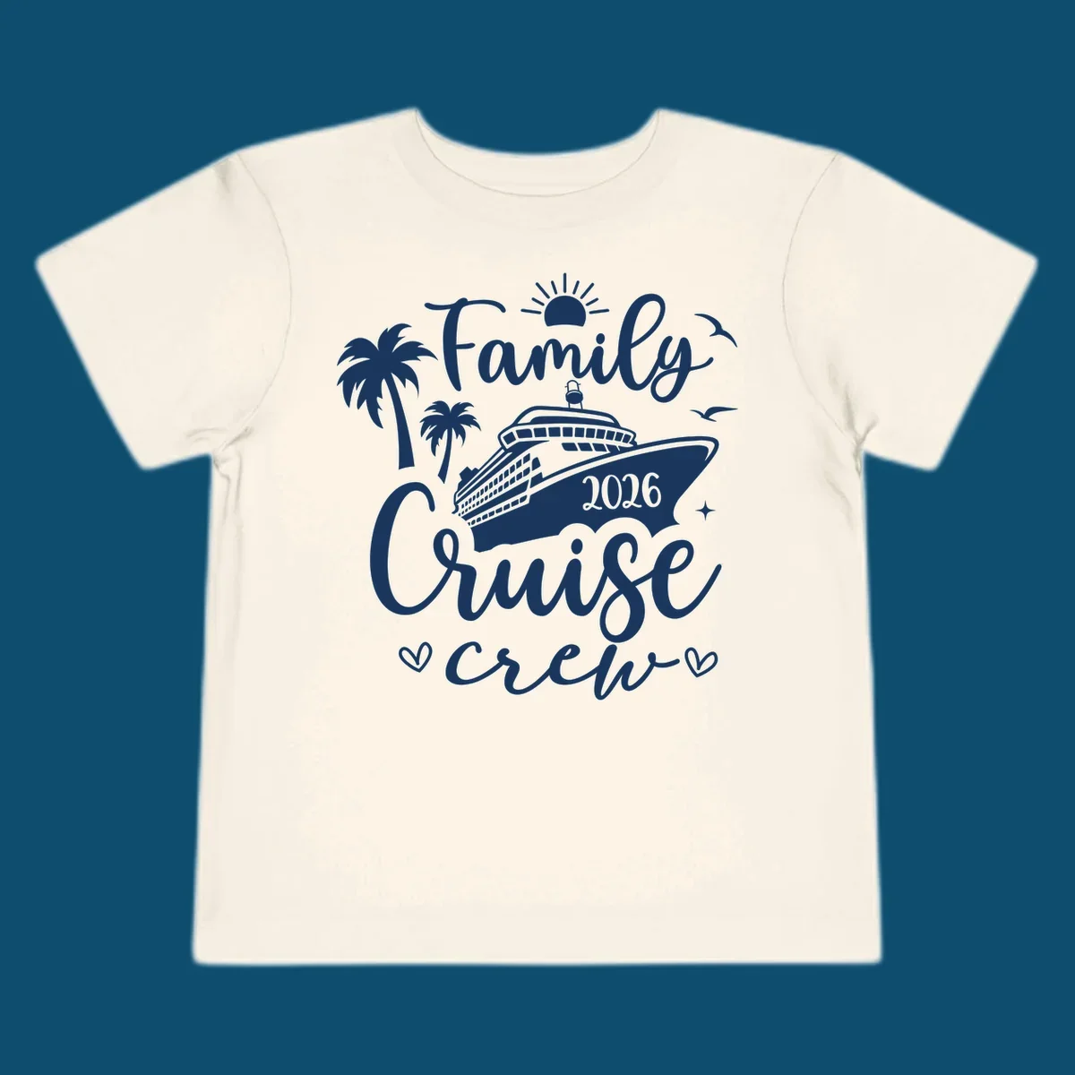 A white (or navy) graphic for a family cruise crew 2026 featuring a cruise ship, palm trees, sun, seagulls, and text.
