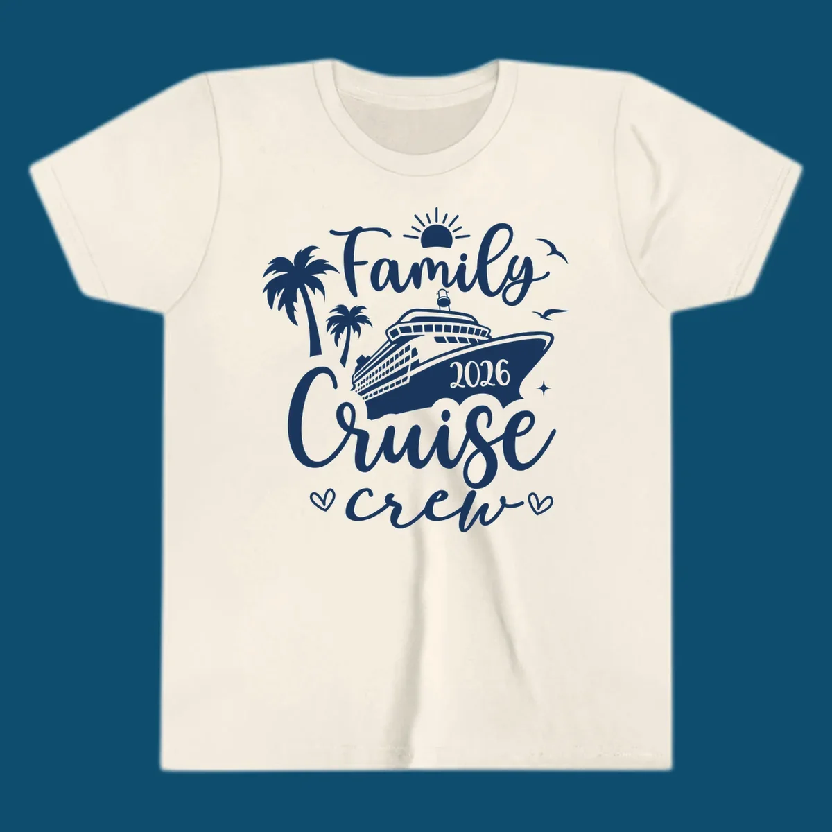 A white (or navy) graphic for a family cruise crew 2026 featuring a cruise ship, palm trees, sun, seagulls, and text.
