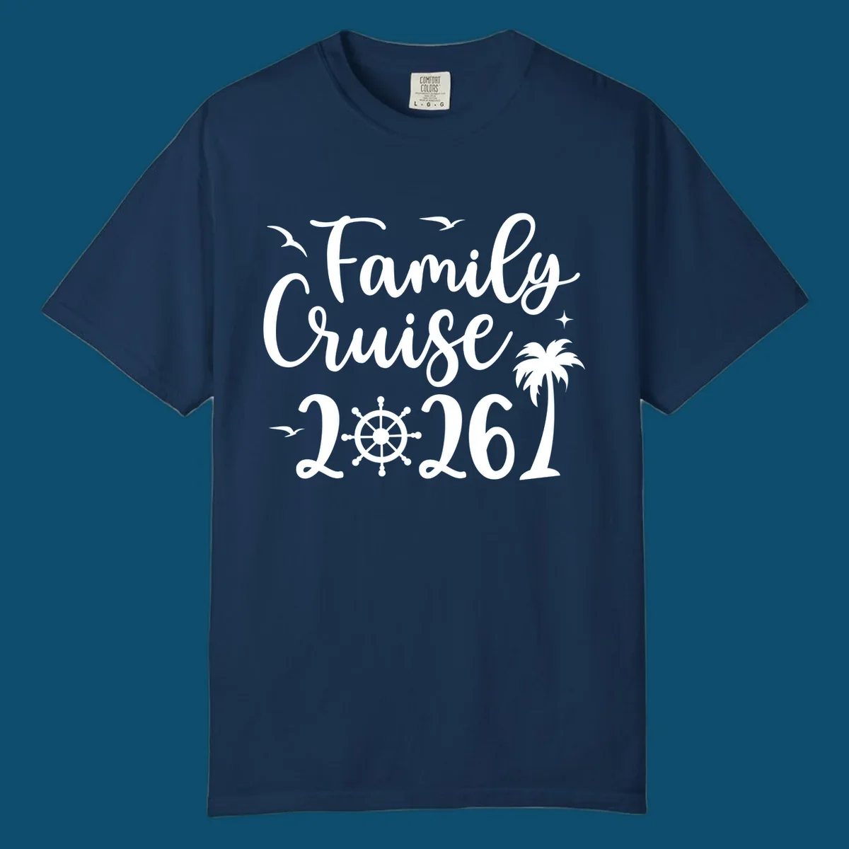 White script text 'Family Cruise 2026' with seagulls, stars, a ship's wheel, and a palm tree, for a family-cruise-2026 shirt.