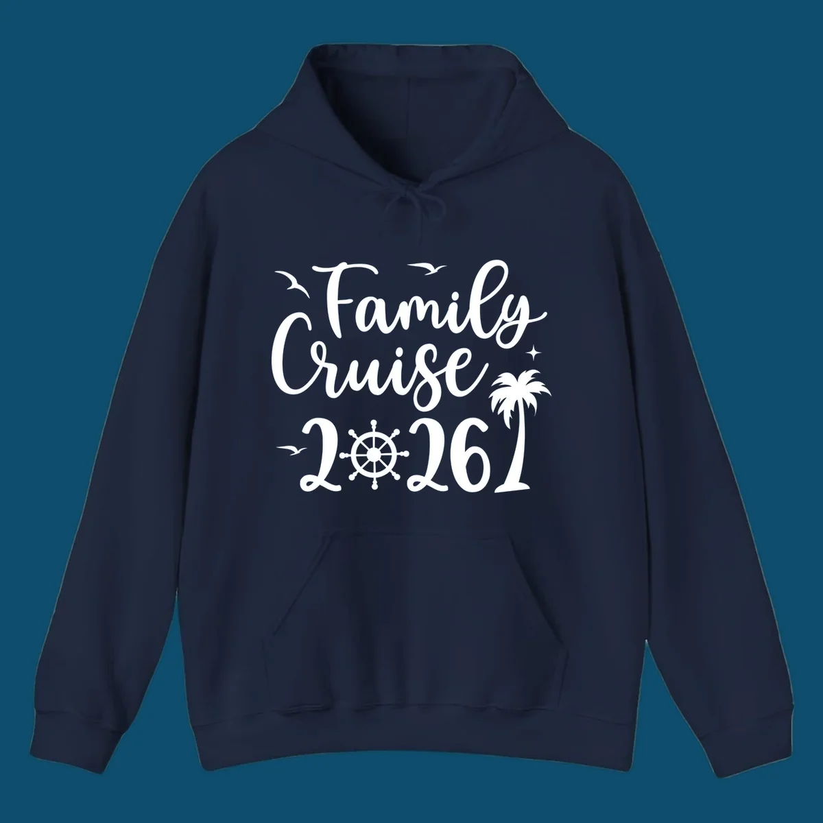 White script text 'Family Cruise 2026' with seagulls, stars, a ship's wheel, and a palm tree, for a family-cruise-2026 shirt.