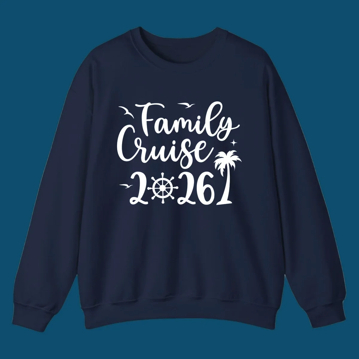 White script text 'Family Cruise 2026' with seagulls, stars, a ship's wheel, and a palm tree, for a family-cruise-2026 shirt.