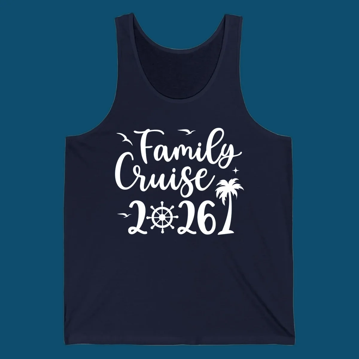 White script text 'Family Cruise 2026' with seagulls, stars, a ship's wheel, and a palm tree, for a family-cruise-2026 shirt.