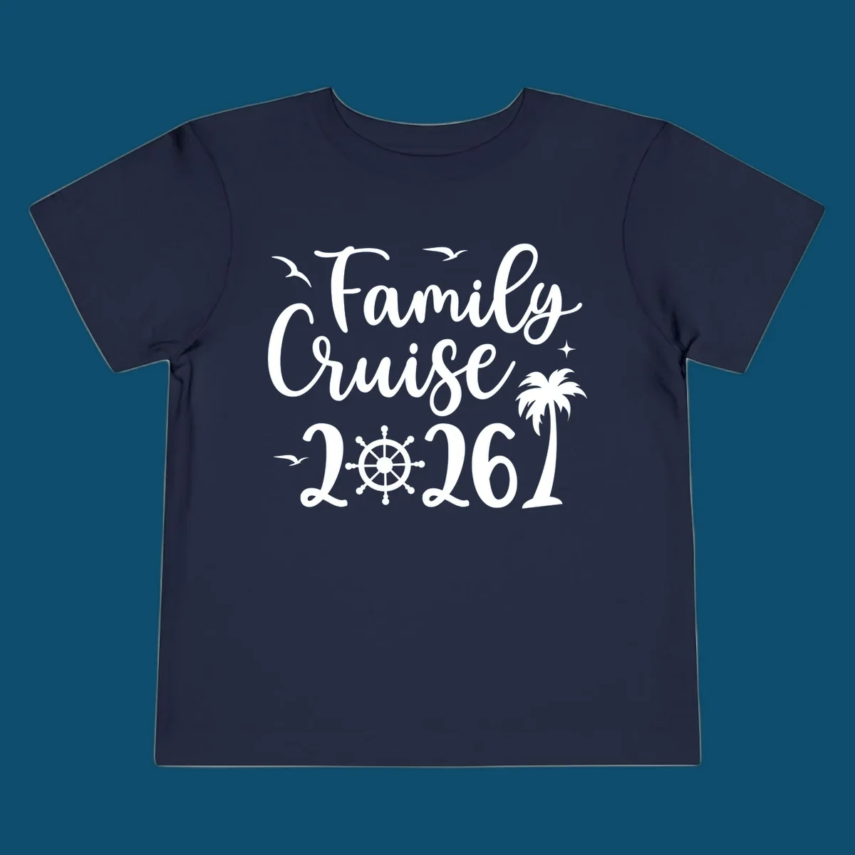 White script text 'Family Cruise 2026' with seagulls, stars, a ship's wheel, and a palm tree, for a family-cruise-2026 shirt.