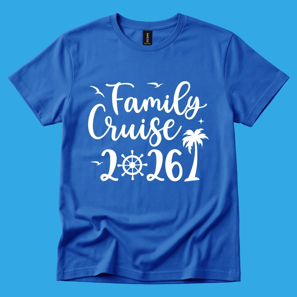 White script text 'Family Cruise 2026' with seagulls, stars, a ship's wheel, and a palm tree, for a family-cruise-2026 shirt.