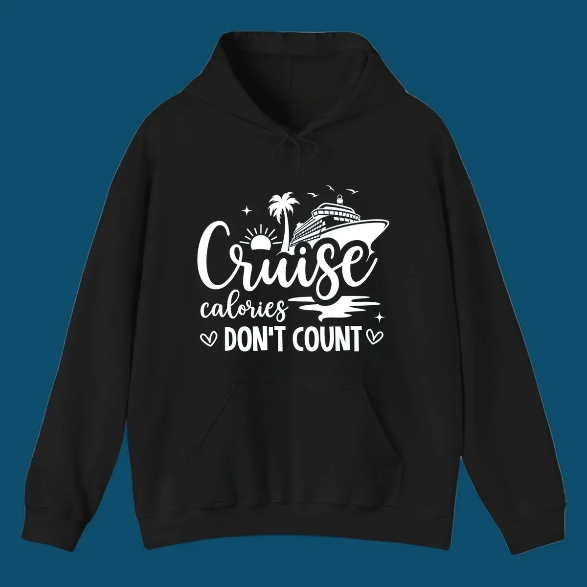 A white graphic of a cruise ship, palm tree, sun, and birds with text 'Cruise calories DON'T COUNT' for a cruise-calories-dont-count design.