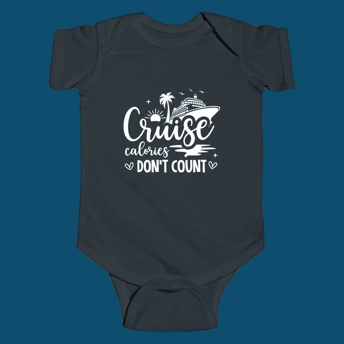 A white graphic of a cruise ship, palm tree, sun, and birds with text 'Cruise calories DON'T COUNT' for a cruise-calories-dont-count design.