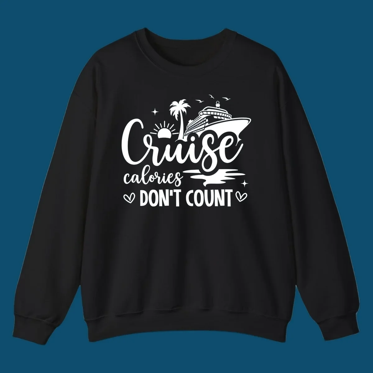 A white graphic of a cruise ship, palm tree, sun, and birds with text 'Cruise calories DON'T COUNT' for a cruise-calories-dont-count design.