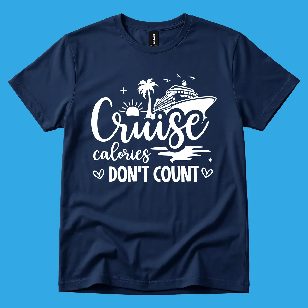 A white graphic of a cruise ship, palm tree, sun, and birds with text 'Cruise calories DON'T COUNT' for a cruise-calories-dont-count design.