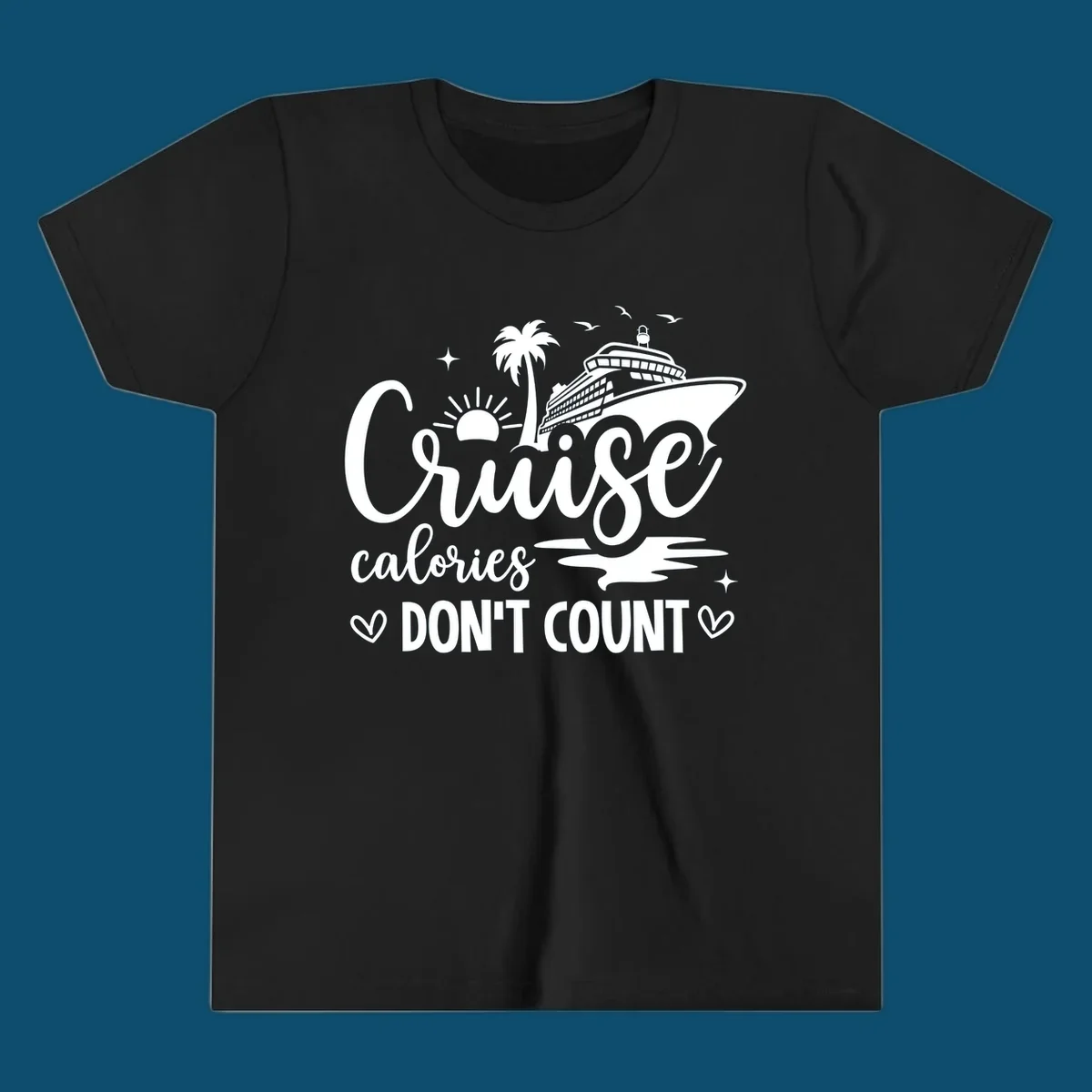 A white graphic of a cruise ship, palm tree, sun, and birds with text 'Cruise calories DON'T COUNT' for a cruise-calories-dont-count design.