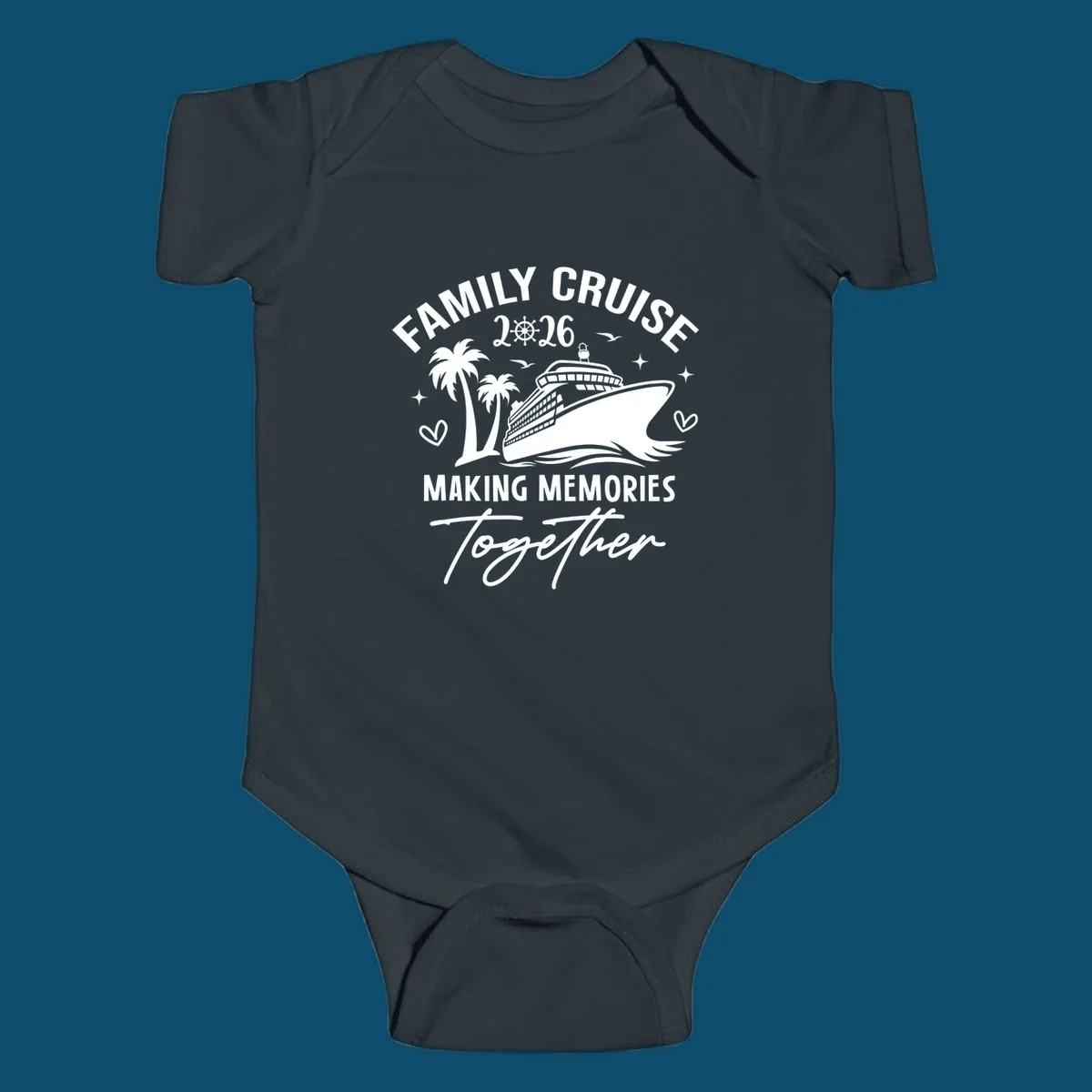 White and dark blue Family Cruise 2026 Memories design with a cruise ship, palm trees, ship's wheel, and hearts.