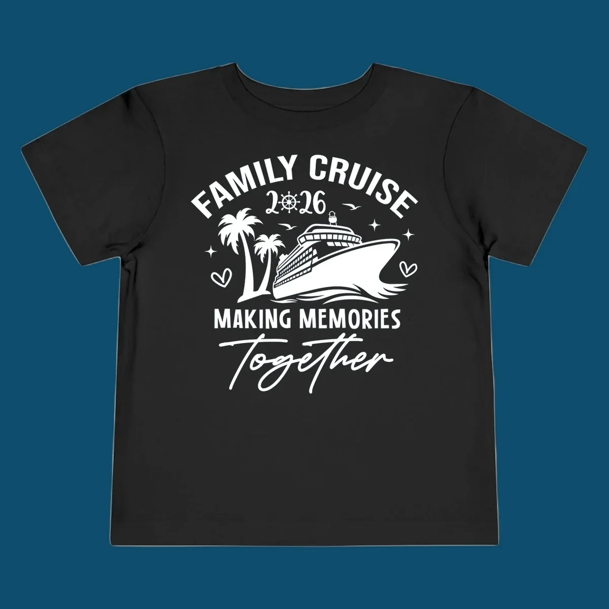 White and dark blue Family Cruise 2026 Memories design with a cruise ship, palm trees, ship's wheel, and hearts.