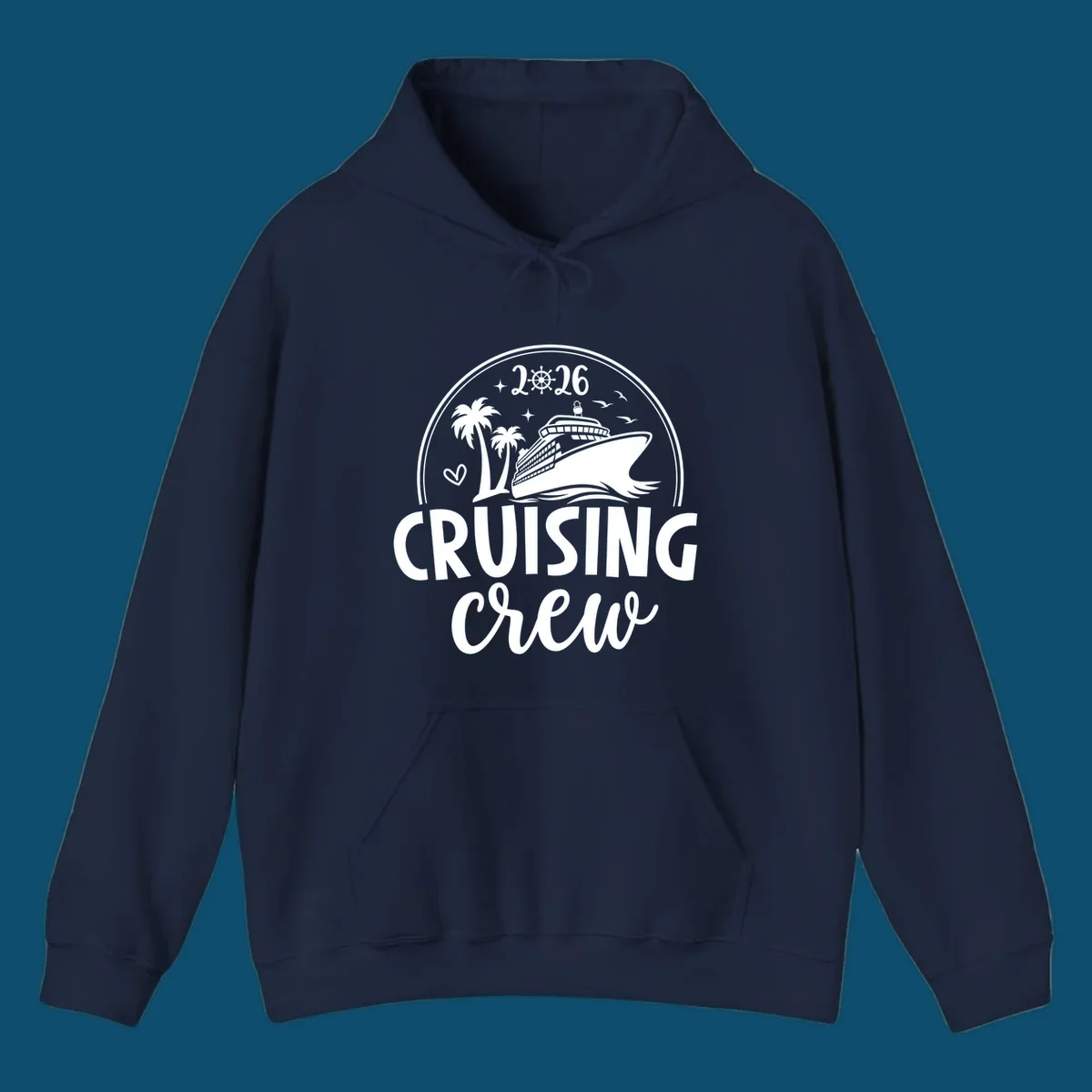 A 2026 cruising crew ship design with a cruise ship, palm trees, birds, stars, and the text '2026 CRUISING CREW'.