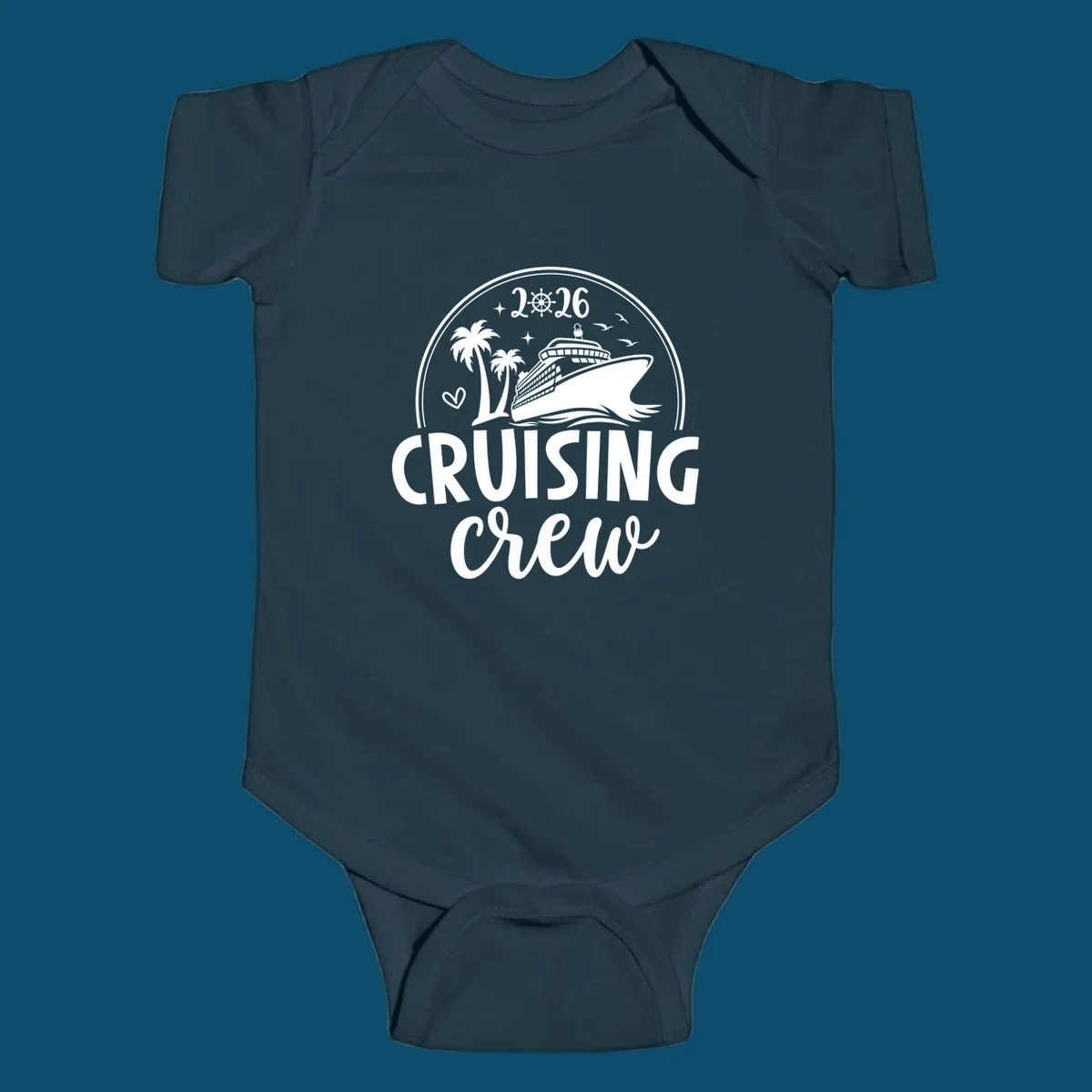A 2026 cruising crew ship design with a cruise ship, palm trees, birds, stars, and the text '2026 CRUISING CREW'.