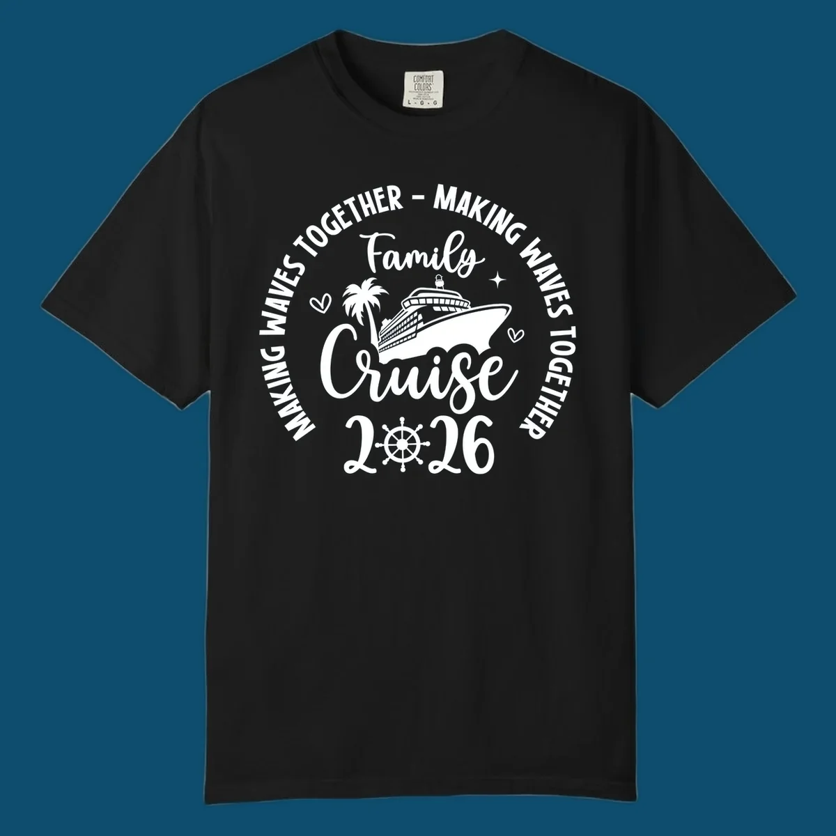 A circular design for a family cruise 2026 making waves, featuring a cruise ship, palm tree, hearts, stars, and a ship's wheel.