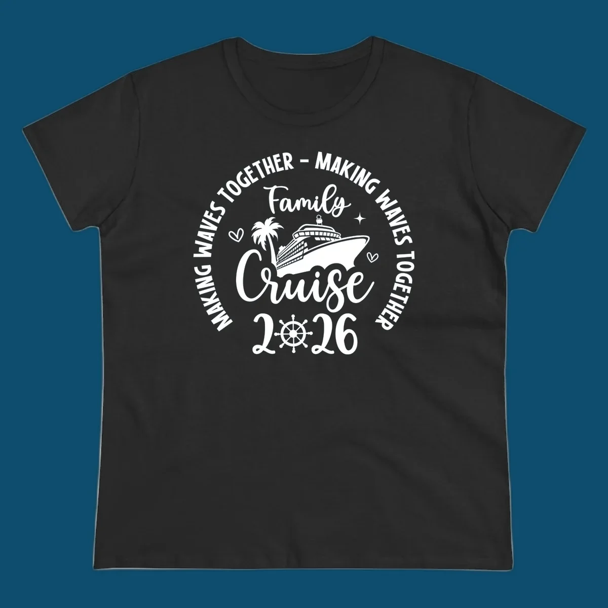 A circular design for a family cruise 2026 making waves, featuring a cruise ship, palm tree, hearts, stars, and a ship's wheel.