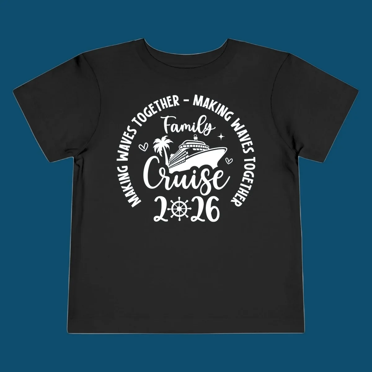 A circular design for a family cruise 2026 making waves, featuring a cruise ship, palm tree, hearts, stars, and a ship's wheel.