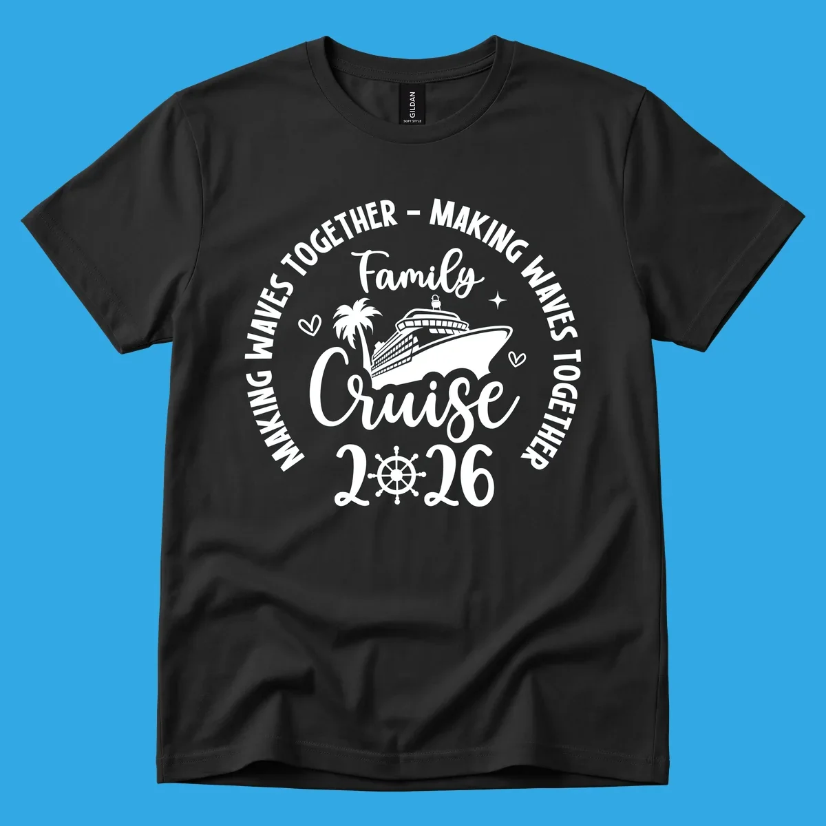 A circular design for a family cruise 2026 making waves, featuring a cruise ship, palm tree, hearts, stars, and a ship's wheel.