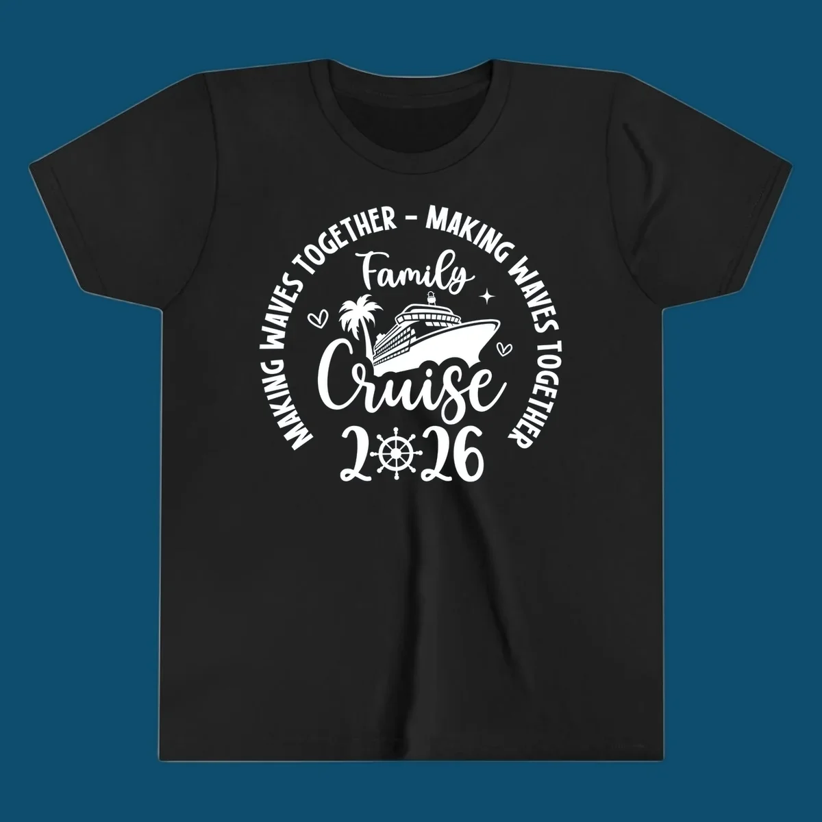 A circular design for a family cruise 2026 making waves, featuring a cruise ship, palm tree, hearts, stars, and a ship's wheel.