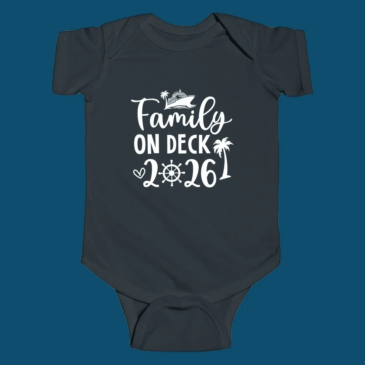 A white design with 'Family ON DECK 2026' text, a cruise ship, palm trees, heart, and ship's wheel, representing a family-on-deck-2026 cruise.