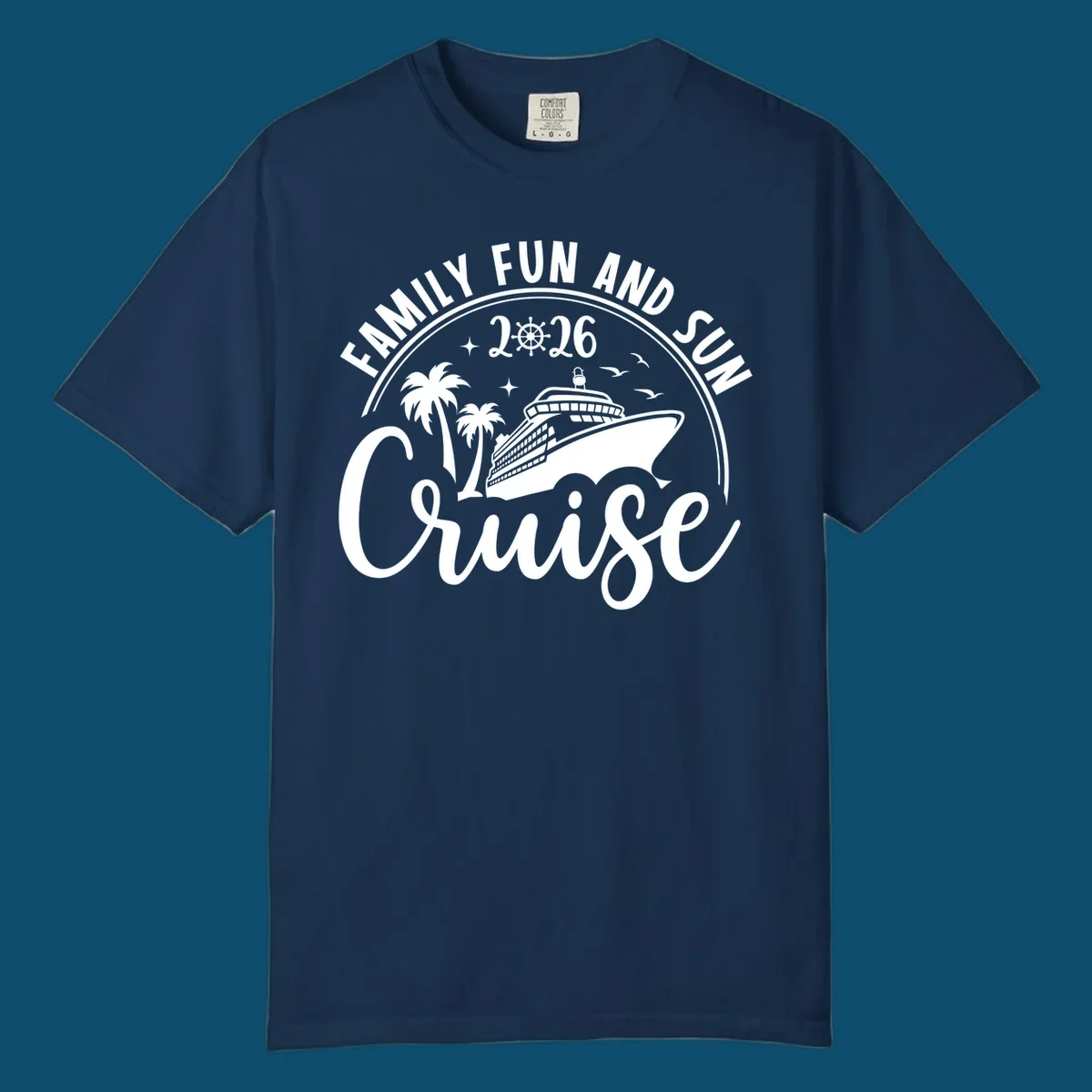 A white graphic design for a Family Fun and Sun Cruise 2026, featuring a cruise ship, palm trees, stars, birds, and a ship's wheel.