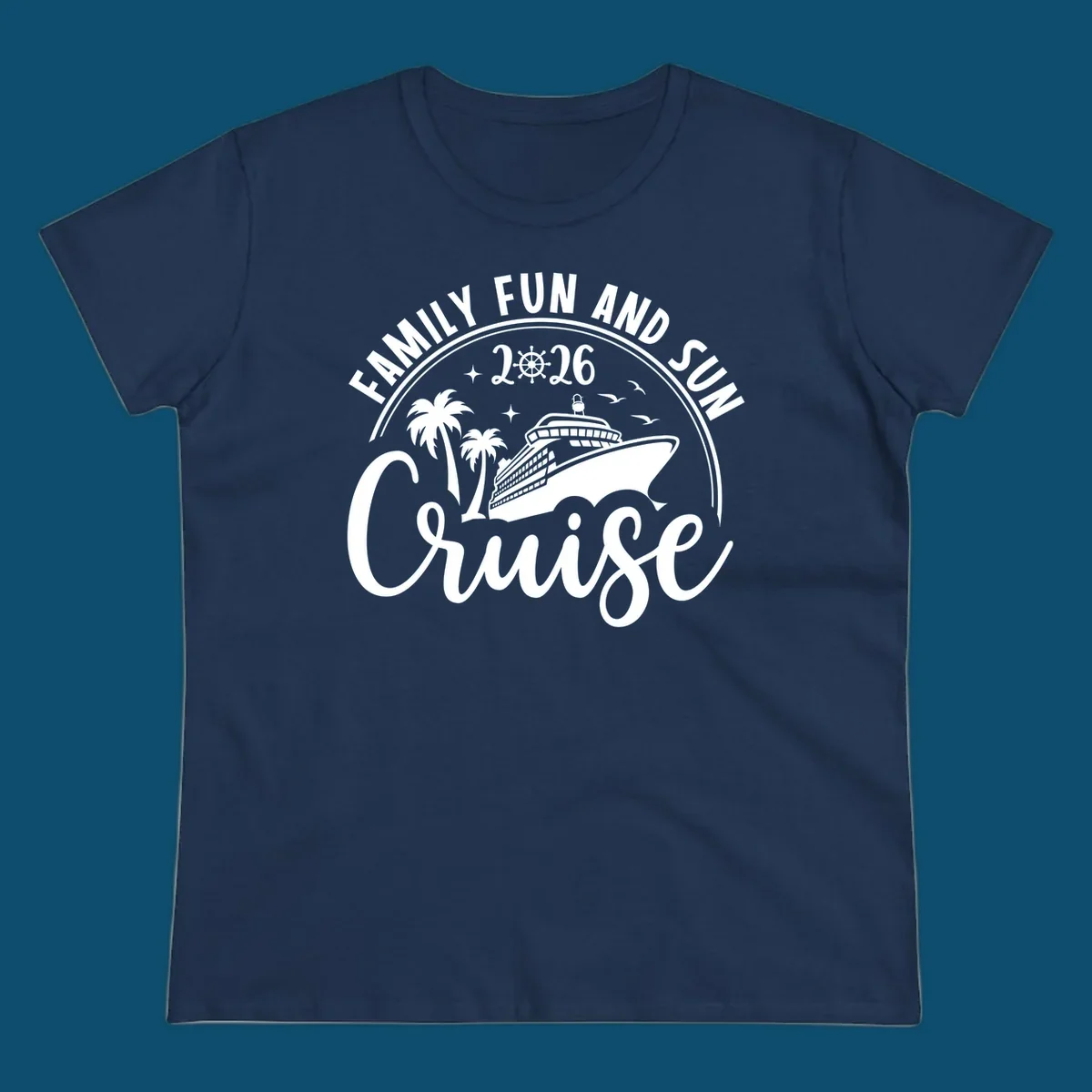 A white graphic design for a Family Fun and Sun Cruise 2026, featuring a cruise ship, palm trees, stars, birds, and a ship's wheel.