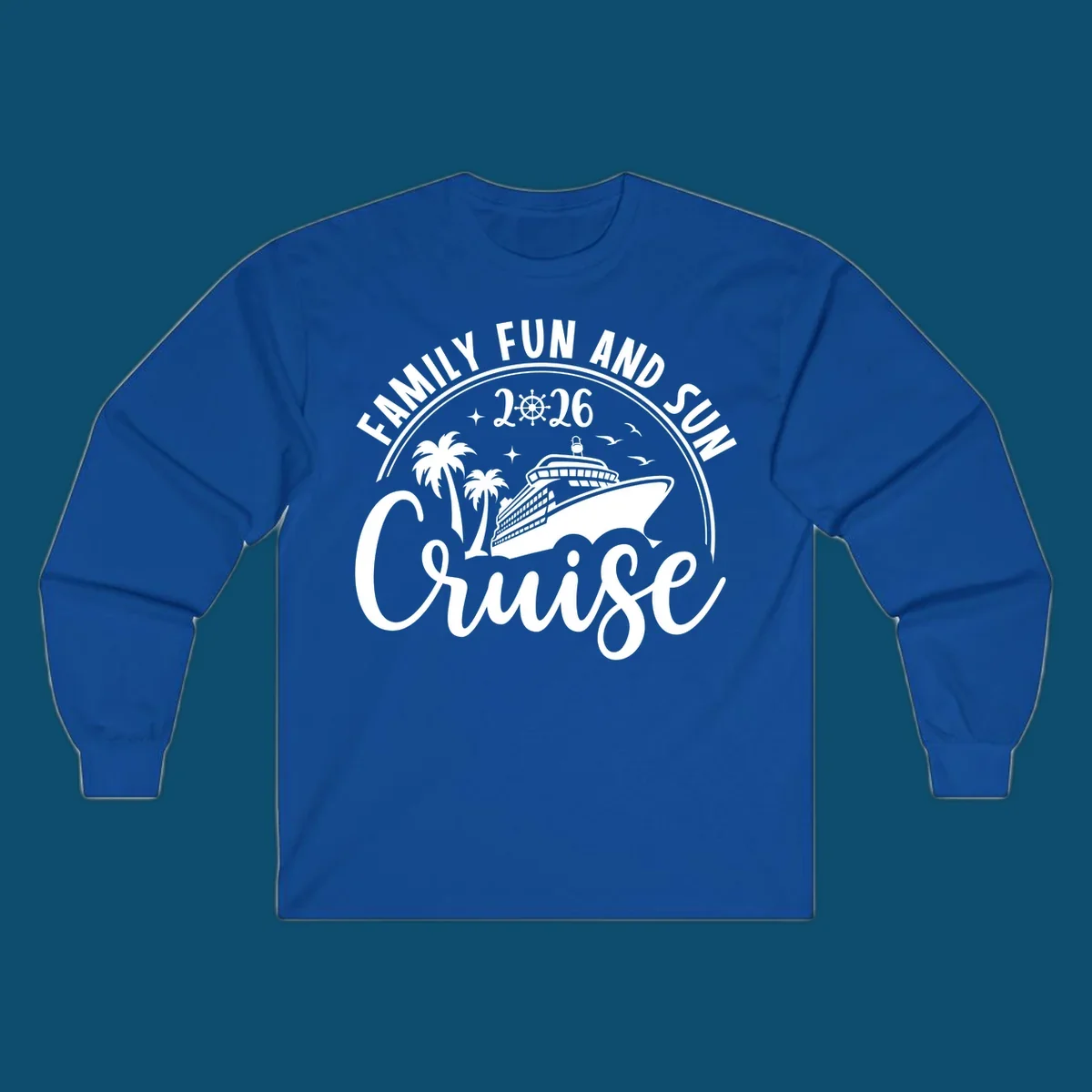 A white graphic design for a Family Fun and Sun Cruise 2026, featuring a cruise ship, palm trees, stars, birds, and a ship's wheel.