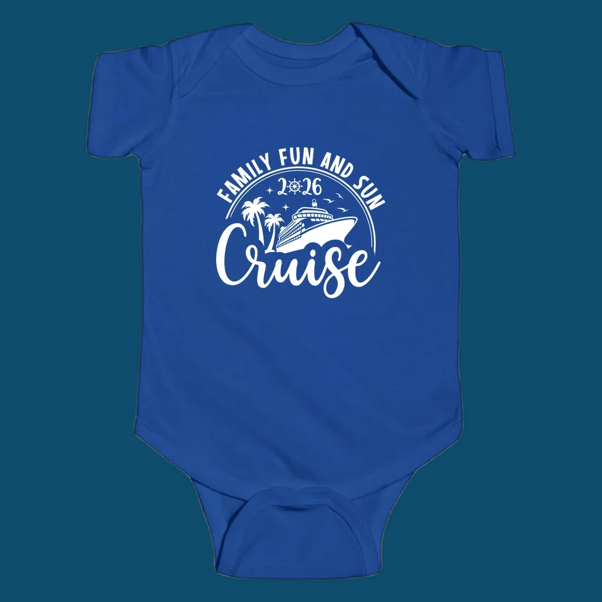 A white graphic design for a Family Fun and Sun Cruise 2026, featuring a cruise ship, palm trees, stars, birds, and a ship's wheel.