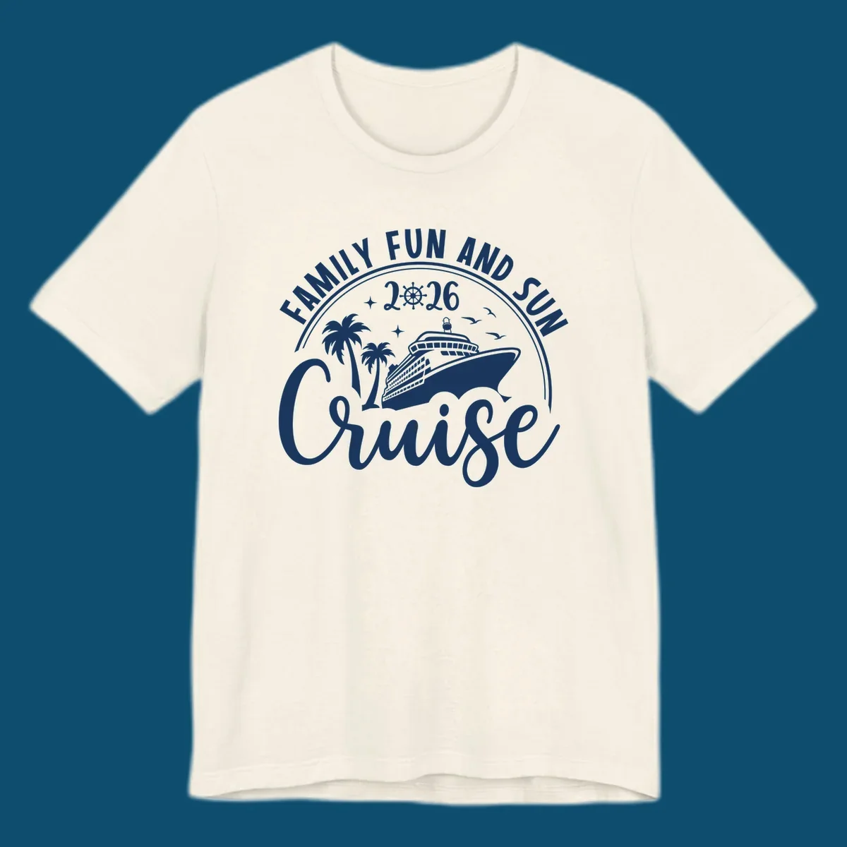 A white graphic design for a Family Fun and Sun Cruise 2026, featuring a cruise ship, palm trees, stars, birds, and a ship's wheel.
