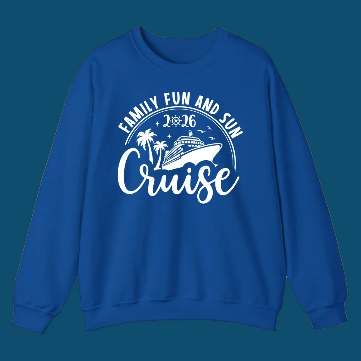 A white graphic design for a Family Fun and Sun Cruise 2026, featuring a cruise ship, palm trees, stars, birds, and a ship's wheel.
