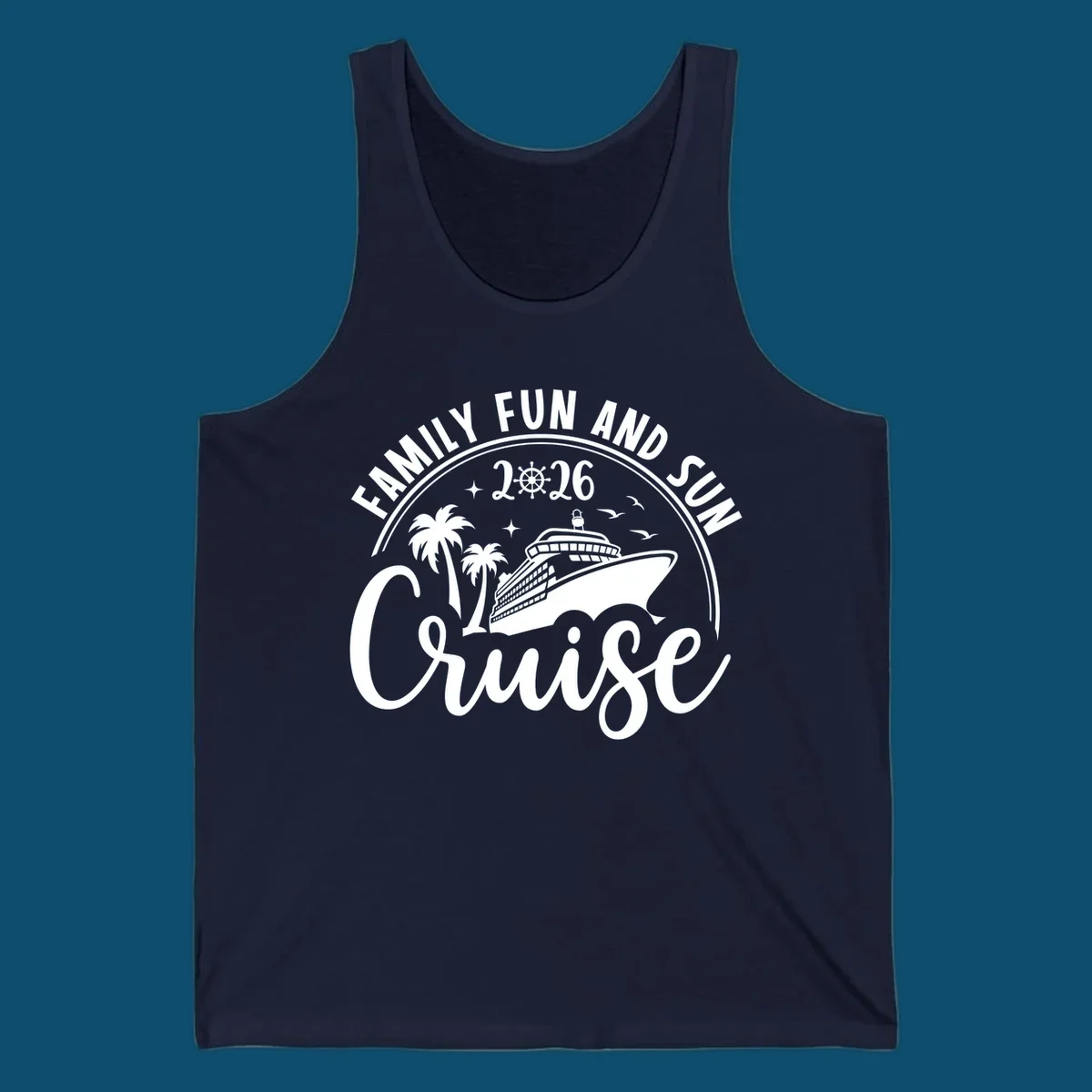 A white graphic design for a Family Fun and Sun Cruise 2026, featuring a cruise ship, palm trees, stars, birds, and a ship's wheel.