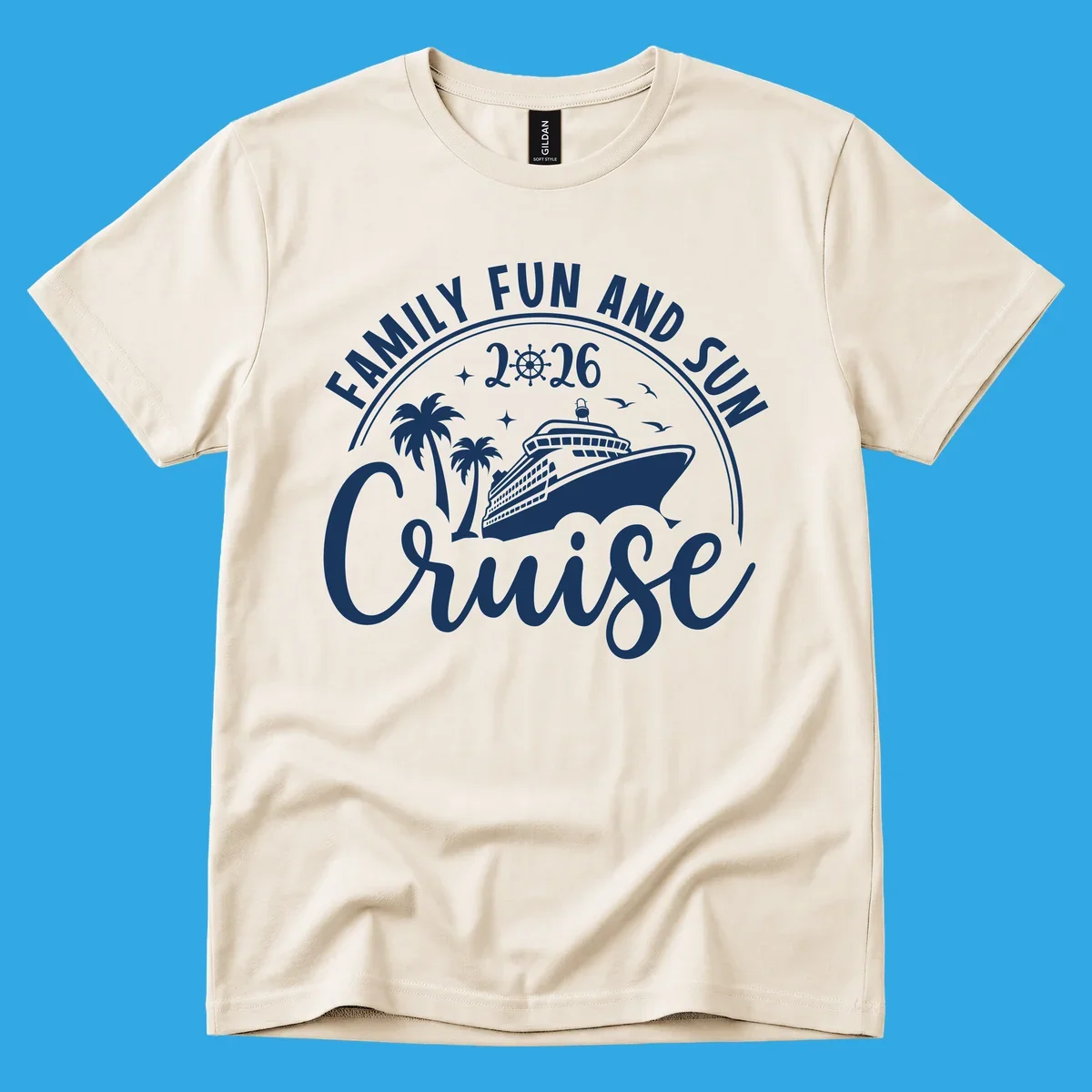 A white graphic design for a Family Fun and Sun Cruise 2026, featuring a cruise ship, palm trees, stars, birds, and a ship's wheel.