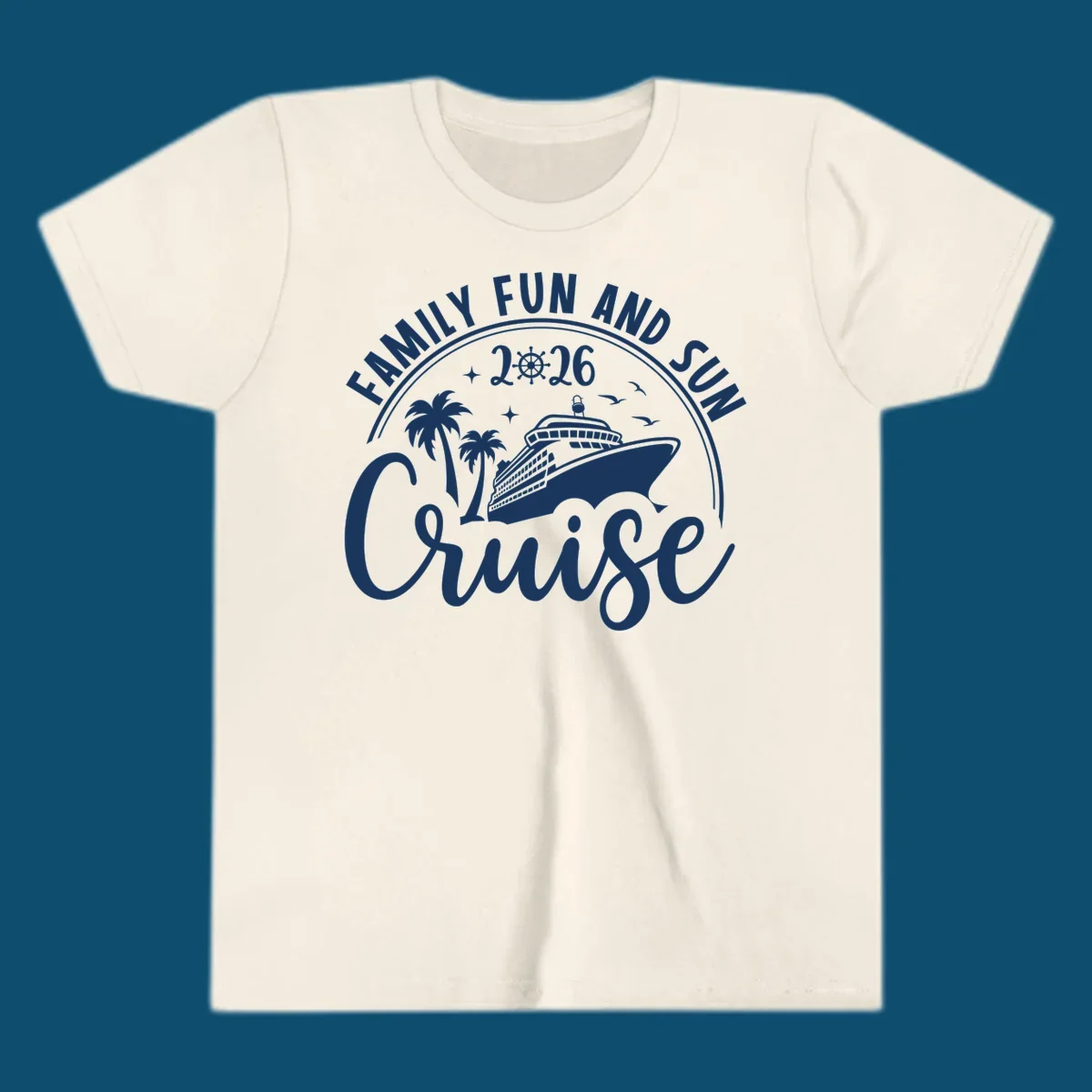 A white graphic design for a Family Fun and Sun Cruise 2026, featuring a cruise ship, palm trees, stars, birds, and a ship's wheel.