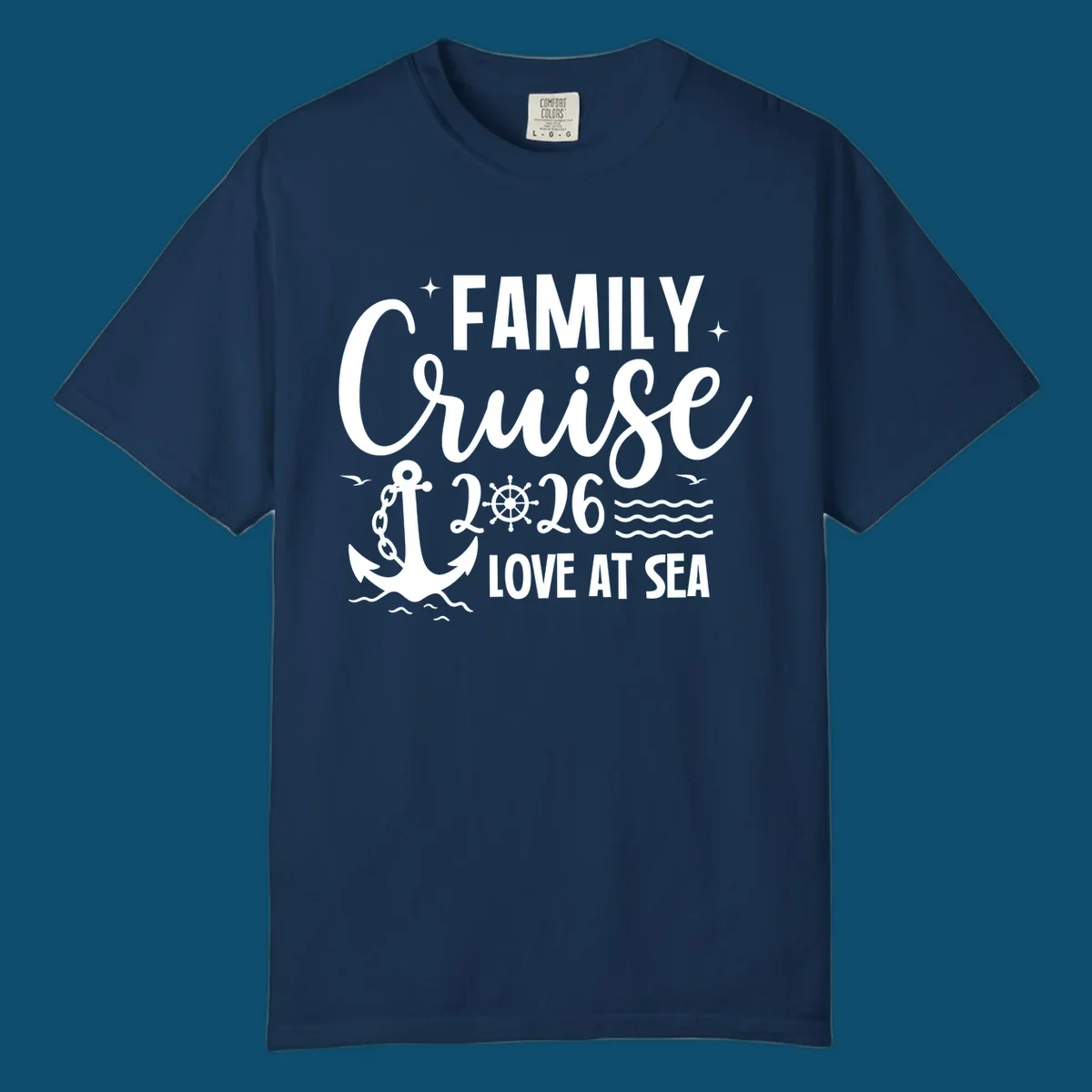 A white family cruise 2026 love at sea design featuring an anchor, ship wheel, waves, stars, and seagulls.