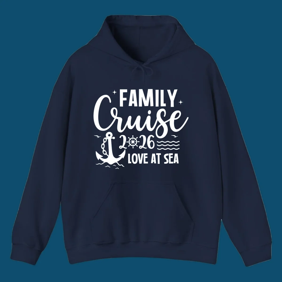 A white family cruise 2026 love at sea design featuring an anchor, ship wheel, waves, stars, and seagulls.