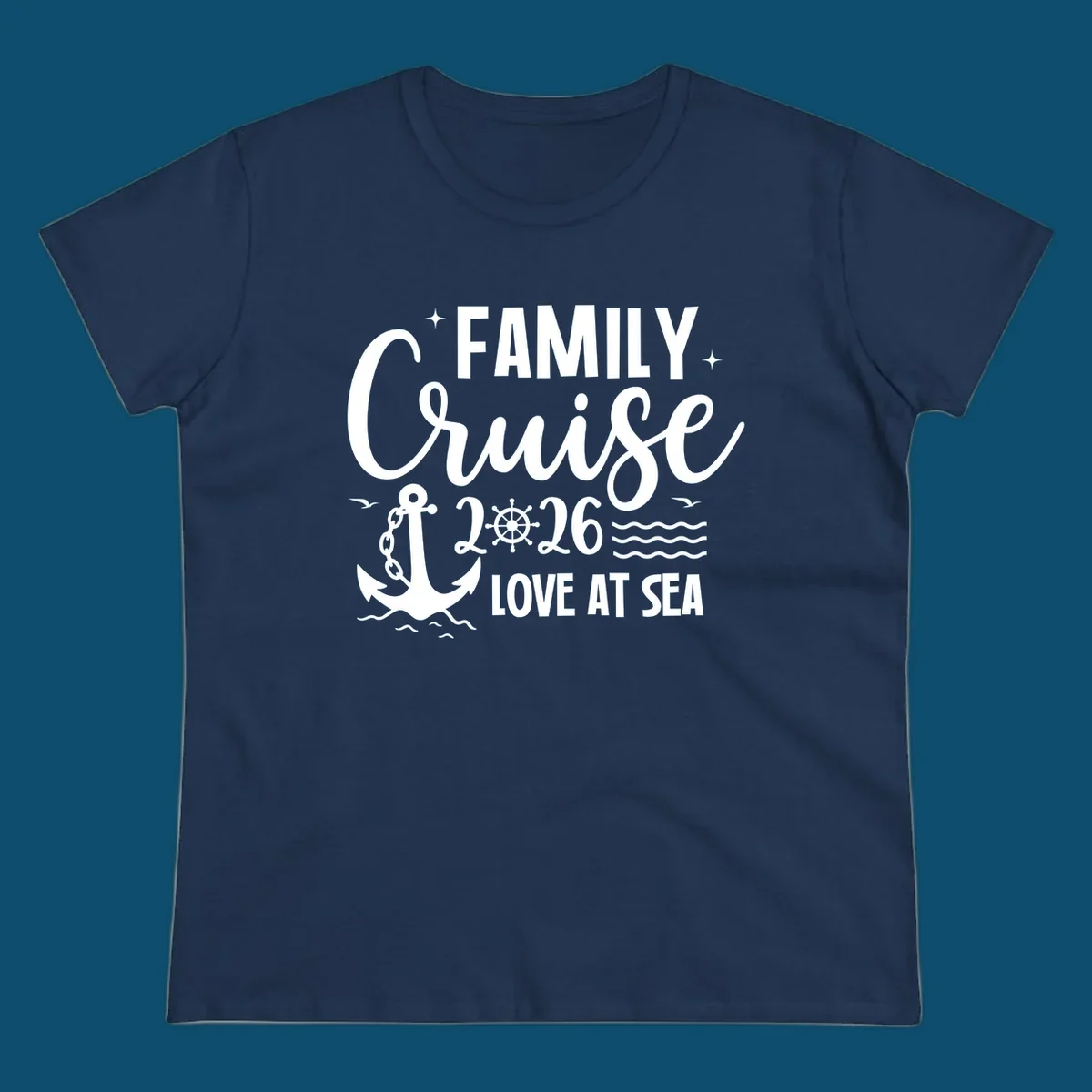 A white family cruise 2026 love at sea design featuring an anchor, ship wheel, waves, stars, and seagulls.