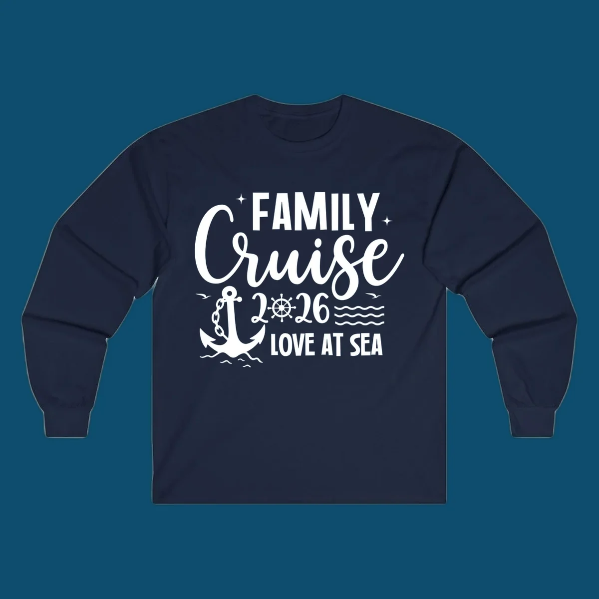 A white family cruise 2026 love at sea design featuring an anchor, ship wheel, waves, stars, and seagulls.
