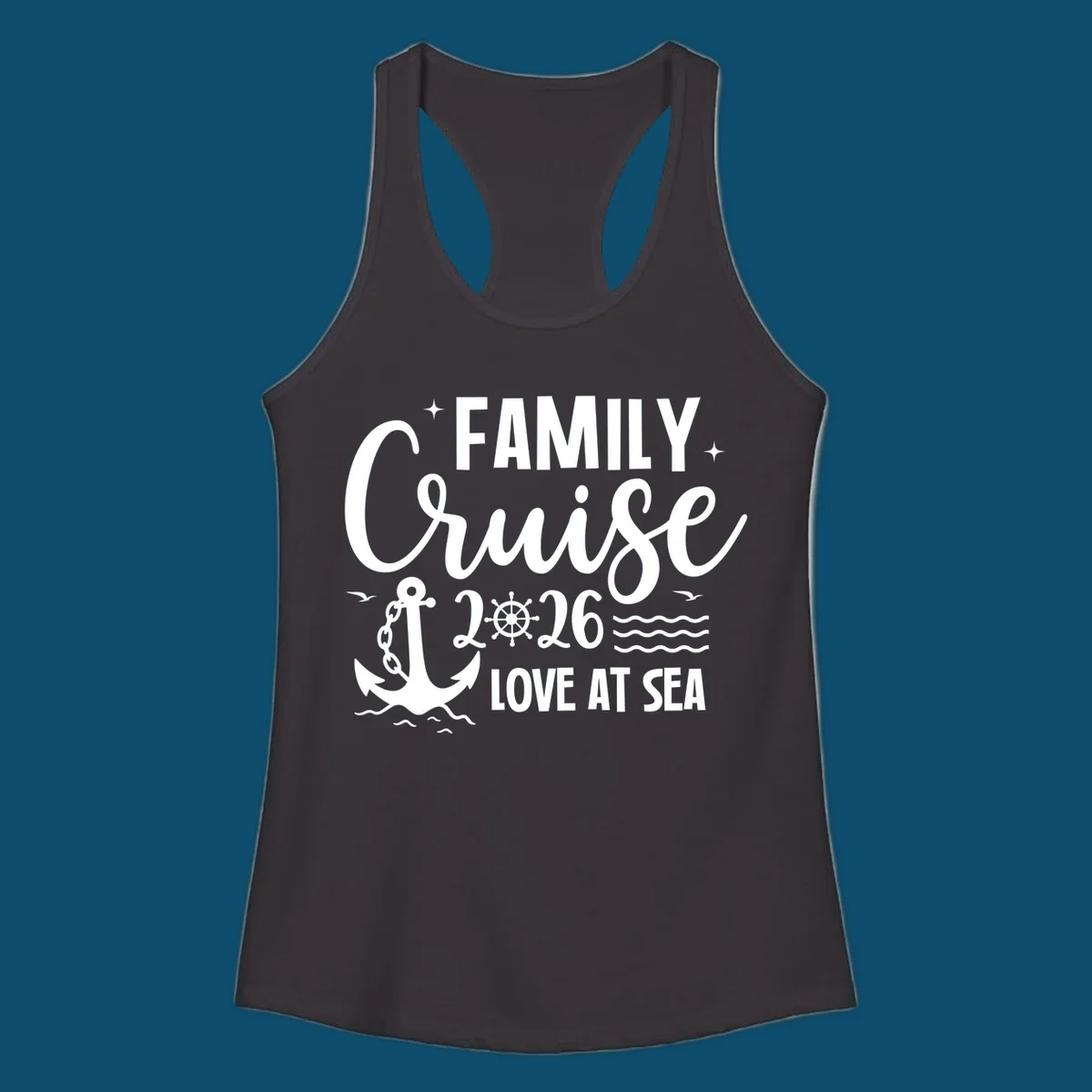 A white family cruise 2026 love at sea design featuring an anchor, ship wheel, waves, stars, and seagulls.