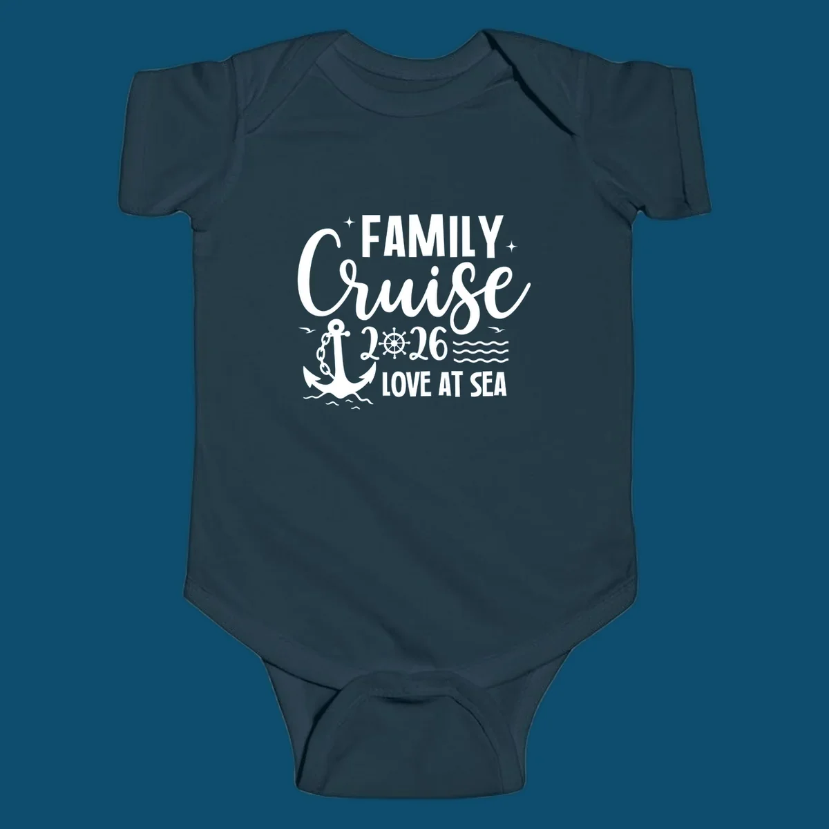 A white family cruise 2026 love at sea design featuring an anchor, ship wheel, waves, stars, and seagulls.