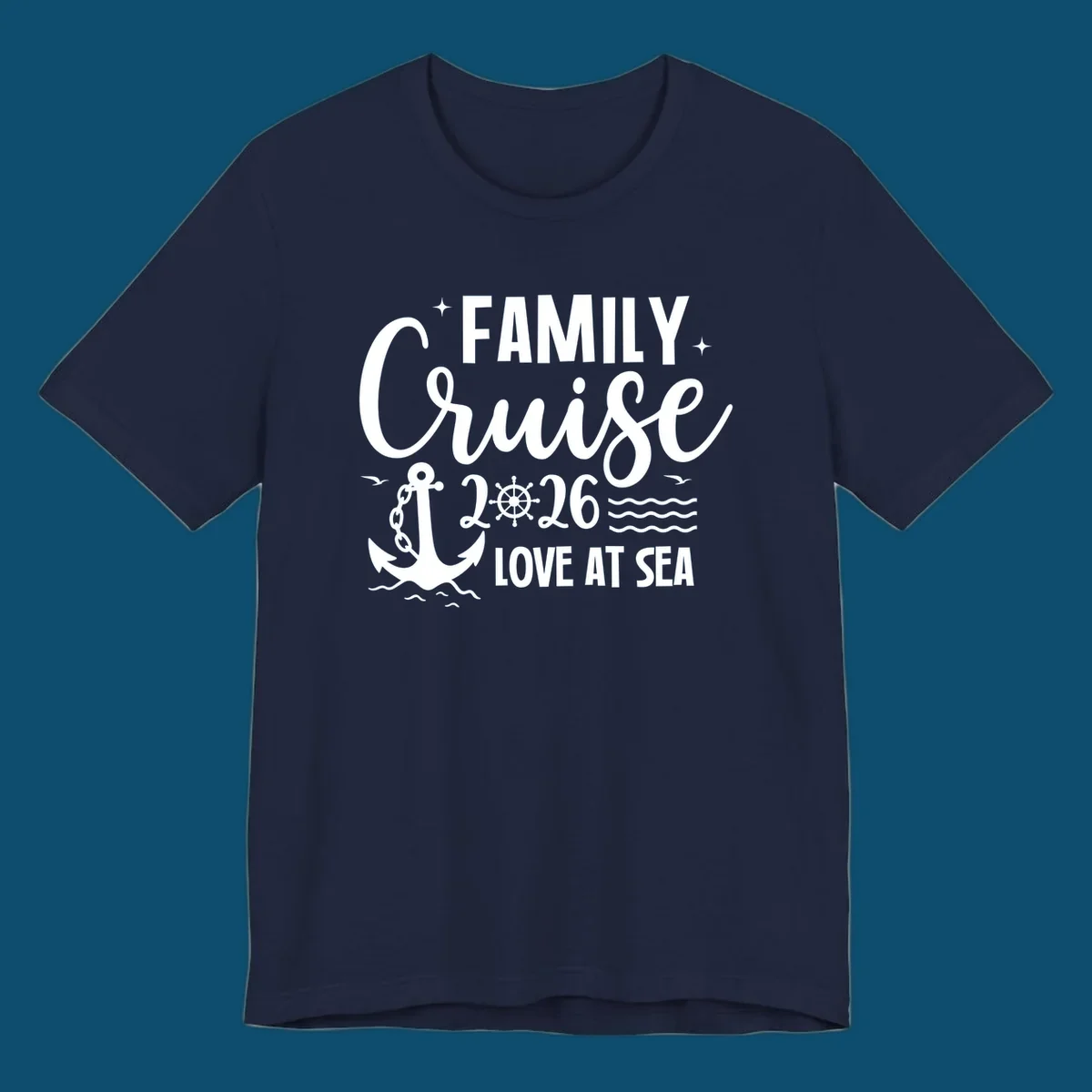 A white family cruise 2026 love at sea design featuring an anchor, ship wheel, waves, stars, and seagulls.