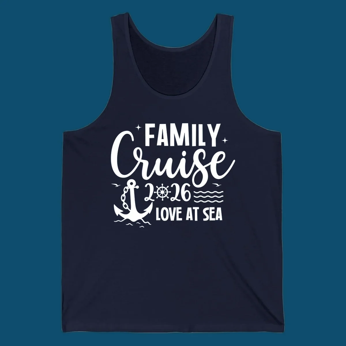 A white family cruise 2026 love at sea design featuring an anchor, ship wheel, waves, stars, and seagulls.